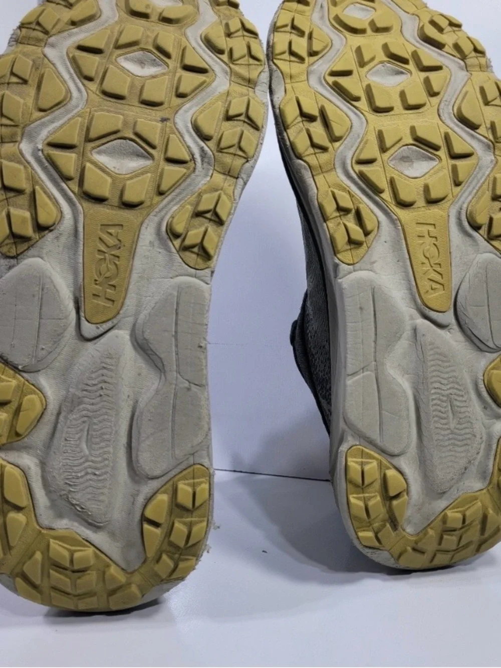 EUC Hoka Men's Sneakers in Grey, Olive Green with Yellow Logo Sz 9.5
